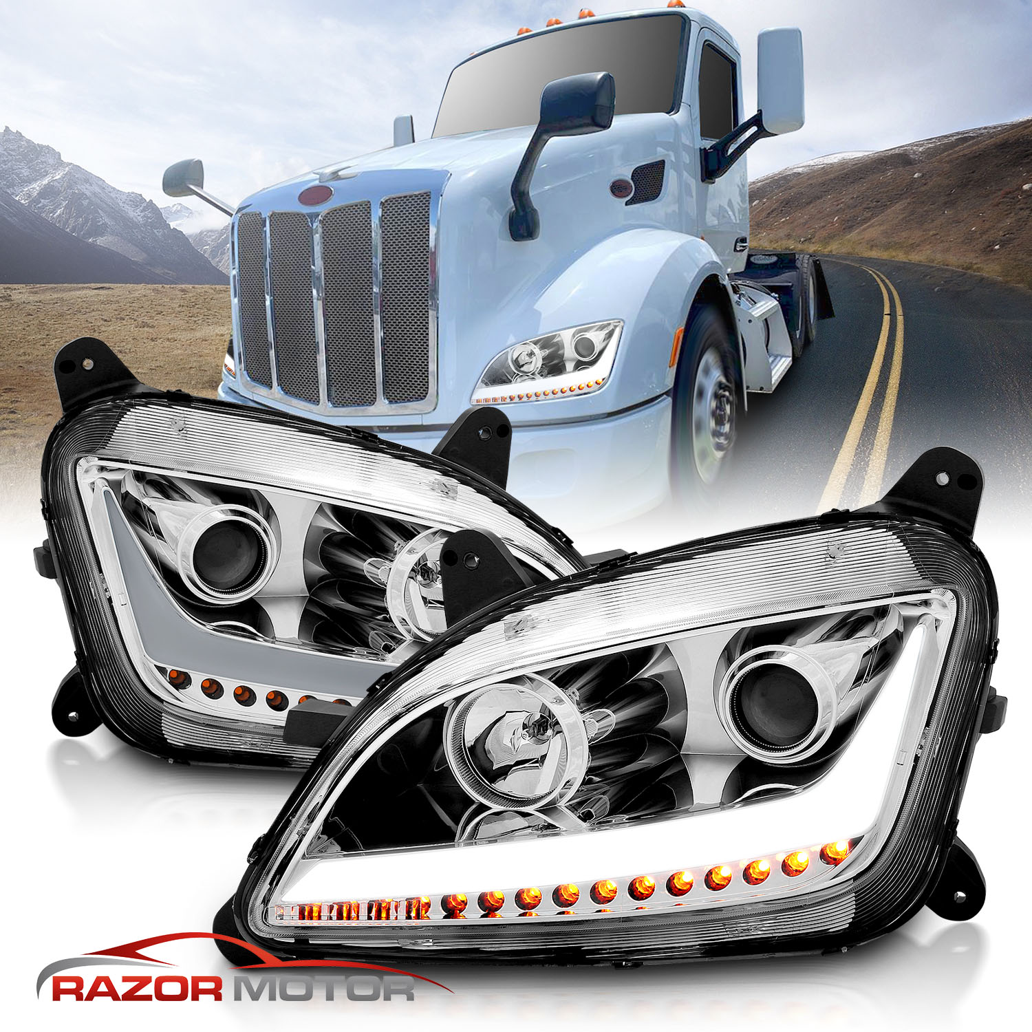 [LED Bar]For Peterbilt 1119 579 587 Chrome Projector Headlights /w LED